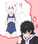 1boy 1girl ? accelerator_(toaru_majutsu_no_index) albino androgynous animal_ears black_hair black_jacket blue_one-piece_swimsuit blush cat_ears cat_tail clenched_hand closed_eyes confused cowboy_shot flat_chest flower gakuran genderswap genderswap_(mtf) hair_flower hair_ornament hands_on_own_chest highres hood hood_down hoodie jacket kamijou_touma kemonomimi_mode long_sleeves medium_hair motion_lines name_tag one-piece_swimsuit pink_background portrait raised_eyebrow red_eyes sanpaku school_swimsuit school_uniform sketch sleeveless smile smkei spiky_hair spoken_question_mark standing suzushina_yuriko swimsuit tail thighs thought_bubble toaru_majutsu_no_index white_hair white_hoodie 