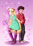  1boy 1girl blonde_hair blue_eyes brown_eyes brown_hair couple female horns magic_wand male marco_diaz star_butterfly star_vs_the_forces_of_evil 