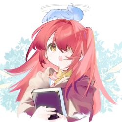  1girl :o aged_down arknights black_dress book chinese_commentary commentary_request creature creature_on_head dress exusiai_(arknights) exusiai_(teenage)_(arknights) hair_over_one_eye halo highres holding holding_book hood hood_down long_hair long_sleeves looking_up maymeriko one_side_up open_mouth red_hair solo traditional_halo upper_body white_halo yellow_eyes 