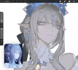  1girl 1nuyaki art_program_in_frame bare_shoulders blue_eyes blue_gem blue_tiara blunt_bangs braid bright_pupils brooch collar crystal_earrings derivative_work detached_collar earrings gem genshin_impact hair_bun half_up_braid highres jewelry long_eyelashes looking_to_the_side parted_lips pointy_ears portrait reference_inset screenshot_inset short_hair short_hair_with_long_locks snowflake_pupils solo swept_bangs thick_eyelashes tsaritsa_(genshin_impact) tsurime white_background white_collar white_hair white_mouth white_pupils yellow_gem 