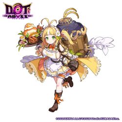 1girl antenna_hair apron bag beer_keg belt blonde_hair blunt_bangs bongnom breasts collar detached_sleeves dot_abyss dress emily_(dot_abyss) food frilled_dress frills fruit green_eyes highres holding holding_tray large_breasts lobster neck_ribbon official_art omelet puffy_short_sleeves puffy_sleeves ribbon shoes short_sleeves side_ponytail sideboob striped_hair thigh_strap tray white_apron white_hair 