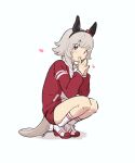  1girl animal_ears blush brown_eyes closed_mouth curren_chan_(umamusume) full_body grey_hair hairband heart highres horse_ears horse_girl horse_tail jacket long_sleeves michia_(bourgognepony) own_hands_together red_jacket red_shorts shoes short_hair short_shorts shorts smile sneakers socks solo squatting tail track_jacket umamusume white_background white_socks 