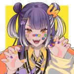  1girl alo8chan black_hair black_vest commentary double_bun gradient_hair grey_hair hair_bun highres long_hair multicolored_hair necktie nijisanji purple_nails solo sticker_on_face symbol-only_commentary two_side_up umise_yotsuha vest virtual_youtuber yellow_eyes yellow_nails 
