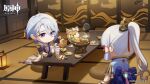  1boy 1girl armor black_gloves blue_bow blue_hair blurry blurry_foreground bow bowl brother_and_sister bubble_tea chibi chopsticks closed_mouth commentary_request copyright_name cup cushion dango depth_of_field dog drink drinking_straw facing_away folding_screen food genshin_impact gloves gold_trim hair_between_eyes hair_ornament hair_ribbon hand_up high_ponytail highres hotpot indoors jacket japanese_armor japanese_clothes kamisato_ayaka kamisato_ayato kimono lantern lapels light_particles long_hair long_sleeves looking_at_another mole mole_under_mouth mushroom official_art omelet open_clothes open_jacket parted_bangs pink_ribbon plate ponytail red_ribbon ribbon rope sanshoku_dango shadow shiba_inu short_hair shoulder_armor shrimp siblings sitting skewer smile sode split_mouth standing steam swept_bangs table tamagoyaki taroumaru_(genshin_impact) tassel tatami tri-flavored_skewer_(genshin_impact) vambraces violet_eyes vision_(genshin_impact) wagashi watermark waving white_bow white_jacket wide_sleeves zabuton 