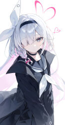  1girl absurdres black_choker black_hairband black_jacket black_sailor_collar black_serafuku black_shirt black_skirt blue_archive choker closed_mouth colored_inner_hair grey_eyes grey_hair grey_neckerchief hair_over_one_eye hairband halo heart heart_halo highres jacket long_hair looking_at_viewer multicolored_hair neckerchief one_eye_covered pink_hair plana_(blue_archive) red_halo sailor_collar school_uniform serafuku shirt simple_background skirt solo syos486581 white_background 