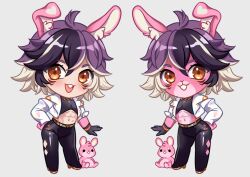  1boy alternate_form animal_ears black_pants buck_teeth crop_top gloves jacket looking_at_viewer multicolored_hair navel open_mouth orange_eyes pants purple_hair rabbit_boy rabbit_ears shiabun_(vtuber) short_hair single_glove smile streaked_hair teeth uguubear vchiban virtual_youtuber white_hair white_jacket 