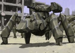  building camouflage faceless faceless_male gatling_gun highres mecha mecha_focus military missile_pod multiple_legs original outdoors robot science_fiction soldier standing tank_turret tyokugekidato 