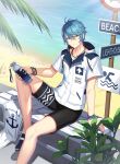  1boy ahoge arm_support bare_legs beach black_footwear black_shorts blue_eyes blue_hair bottle bracelet closed_mouth closers coconut_tree foot_out_of_frame hair_between_eyes highres holding holding_bottle hood hood_down hooded_jacket jacket jewelry nata_(closers) necklace ocean official_art on_bench palm_tree plant road_sign sand_castle sand_sculpture short_hair short_sleeves shorts sign sitting solo sweat tree v-shaped_eyebrows water_bottle white_jacket wristband 