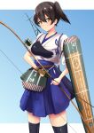  1girl absurdres arrow_(projectile) black_thighhighs blue_skirt bow_(weapon) closed_mouth dot_nose frilled_skirt frills gloves highres hiuyec holding holding_arrow kaga_(kancolle) kantai_collection legs_apart looking_at_viewer partially_fingerless_gloves quiver short_hair short_sleeves side_ponytail simple_background single_glove skirt solo standing thigh-highs two-tone_background v-shaped_eyebrows weapon wing_bow yellow_eyes 
