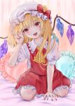  1girl :d arm_support ascot bow crystal fang flandre_scarlet flat_chest frilled_shirt_collar frills hand_up happy hat hat_bow head_tilt indoors medium_hair mob_cap nail_polish neko_bocchi on_bed one_side_up open_mouth paw_pose pillow puffy_short_sleeves puffy_sleeves red_bow red_eyes red_nails red_skirt red_vest short_sleeves sitting skirt skirt_set smile solo touhou vest wariza wings yellow_ascot 