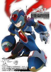  1boy arm_cannon armor blue_armor blue_helmet blurry blurry_background forehead_jewel full_body green_eyes helmet male_focus mega_man_(series) mega_man_x:_command_mission mega_man_x_(series) new_armor_x_(mega_man) simple_background solo to_i_to_io watermark weapon white_background x_(mega_man) 
