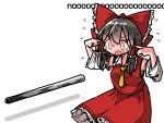  1girl black_hair blush bow detached_sleeves dot_nose flying_sweatdrops frilled_bow frilled_hair_tubes frills hair_bow hair_tubes hakurei_reimu industrial_pipe kasuya_baian lead_pipe open_mouth red_bow red_eyes red_skirt ribbon_trim skirt solo touhou 