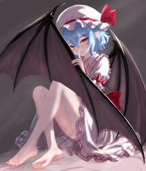  1054945689 1girl absurdres ascot back_bow barefoot bat_wings blue_hair bow brooch chinese_commentary closed_mouth collared_shirt commentary_request fang fang_out frilled_shirt_collar frills hat hat_ribbon highres jewelry mob_cap nail_polish pink_hat pink_shirt pink_skirt pointy_ears puffy_short_sleeves puffy_sleeves red_ascot red_bow red_eyes red_nails remilia_scarlet ribbon shirt short_hair short_sleeves sitting skirt skirt_set sleeve_bow smile soles solo toenail_polish toenails toes touhou wings 