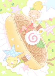  animal animal_focus bear bear_(summernight_12) bun_(food) cat cat_(summernight_12) chibi chibi_only commentary_request food food_request fork fried_egg green_background highres holding holding_fork kamaboko korean_commentary narutomaki no_humans noodles original pastel_colors summernight_12 yume_kawaii 