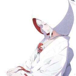  1girl absurdres alternate_costume blue_archive bride closed_mouth commentary_request highres himari_(blue_archive) hooded_kimono japanese_clothes kimono lamser long_hair long_sleeves mole mole_under_eye profile shiromuku sidelocks simple_background solo uchikake upper_body violet_eyes white_background white_hair white_kimono 