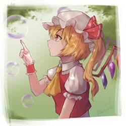  1girl ascot blonde_hair collared_shirt commentary_request crystal crystal_wings flandre_scarlet frilled_shirt_collar frilled_wrist_cuffs frills hat hat_ribbon highres ilstraight_mima long_hair mob_cap multicolored_wings one_side_up puffy_short_sleeves puffy_sleeves red_eyes red_vest red_wrist_cuffs ribbon shirt short_sleeves signature soap_bubbles solo touhou upper_body vest white_hat white_shirt wings wrist_cuffs yellow_ascot 