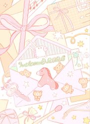  2026 bear clover commentary english_commentary english_text envelope four-leaf_clover highres horse key matchstick new_year no_humans object_focus original package pastel_colors pink_ribbon ribbon summernight_12 yume_kawaii 