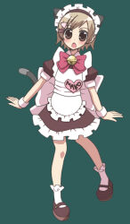  1boy animal_ear_hairband animal_ears apron arms_at_sides bell black_dress black_shoes blush bobby_socks bow bowtie brown-eyes brown_hair cat_ear_hairband cat_ears cat_tail chestnut_mouth crossdressing crossdressing_(mtf) dorsiflexion_(wrist) dress fake_animal_ears full_body girly_pose grey_tail hair_ornament hairband hairclip invisible_floor jingle_bell komeko5 looking_at_viewer maid maid_headdress mako-chan_(minami-ke) male_focus male_maid mary_janes minami-ke neck_bell open_mouth parallel_hairclips puffy_short_sleeves puffy_sleeves red_bow red_bowtie shoes short_dress short_sleeves simple_background socks solo standing tail trap white_apron white_socks 