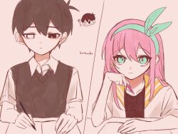  1boy 1girl antenna_hair aubrey_(faraway)_(omori) aubrey_(omori) black_eyes black_hair black_sweater_vest blue_eyes blue_hairband bright_pupils closed_mouth collarbone collared_shirt double-parted_bangs expressionless hair_between_eyes hairband heterochromia highres holding holding_pen jacket long_hair long_sidelocks looking_at_another omori pen pink_hair satsuki_1243 shirt short-sleeved_jacket short_hair short_sleeves sidelocks spoilers sunny_(omori) sweater_vest white_eyes white_jacket white_pupils white_shirt 