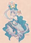  1girl aji_fry apron back_bow blue_bow blue_eyes blue_footwear blue_hair blue_thighhighs blush bow covering_mouth cure_spicy cure_spicy_(party_up_style) delicious_party_precure elbow_gloves footwear_bow full_body fuwa_kokone gloves highres huge_bow long_hair magical_girl multicolored_hair pam-pam_(precure) pink_hair precure puffy_short_sleeves puffy_sleeves short_sleeves side_ponytail solo streaked_hair thigh-highs very_long_hair white_gloves 