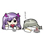  2girls :&lt; ahoge arms_on_table assault_lily blush bow bowtie cake cake_slice closed_mouth commentary covered_face cup elbow_on_table food grey_hair hair_ornament hair_ribbon hand_on_own_cheek hand_on_own_face head_on_table head_rest herensuge_girls_academy_school_uniform highres holding holding_cup jacket konpeitoull_(c12h22o11_tr_6) long_hair long_sleeves looking_at_another looking_to_the_side matsumura_fuuka multiple_girls pink_ribbon plate purple_hair red_bow red_bowtie ribbon sasaki_ran saucer school_uniform simple_background sleeves_past_fingers sleeves_past_wrists strawberry_shortcake swept_bangs tassel tassel_hair_ornament teacup twintails white_background white_jacket 