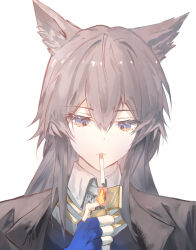  1girl absurdres animal_ears arknights black_eyes black_jacket blue_gloves brown_hair cigarette collared_shirt commentary fingerless_gloves fire gloves hair_between_eyes highres holding holding_lighter jacket kuromeioi lighter long_hair portrait shirt simple_background solo texas_(arknights) texas_the_omertosa_(arknights) white_background white_shirt wolf_ears wolf_girl yellow_eyes 