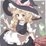 1girl 1other apron black_dress blonde_hair blush braid broom broom_riding dress hat highres kirisame_marisa long_hair looking_at_viewer red_eyes touhou tsumurikoto unfinished_dream_of_all_living_ghost white_apron witch_hat 