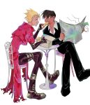  2boys black_footwear black_pants box chair cigarette closed_eyes coat doughnut food happy highres multiple_boys newspaper nicholas_d._wolfwood pants red_coat simple_background sitting smile table trigun truedem_seal vash_the_stampede white_background 