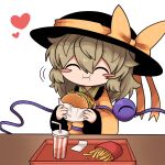  1girl black_headwear blush bow burger closed_eyes cup disposable_cup eating food french_fries heart highres komeiji_koishi light_green_hair napkin simple_background solo table third_eye touhou tray white_background yellow_bow zunusama 