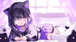  1girl :&lt; animal_ears animal_hood bandage_over_one_eye bell black_hair black_hoodie blunt_bangs blurry blurry_background blush cat_ears cat_girl cat_hood cat_tail commentary commission fake_animal_ears full_body heart highres hood hood_up hoodie indie_virtual_youtuber kurose_kiri long_sleeves looking_at_viewer lying neck_bell on_side open_mouth paw_print purple_background purple_skirt second-party_source shirt short_hair skeb_commission skirt solo stuffed_animal stuffed_cat stuffed_toy suisei_1121 tail tail_around_own_leg thigh-highs violet_eyes virtual_youtuber white_shirt white_thighhighs 