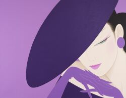  1girl bare_shoulders black_hair blue_eyes closed_mouth commentary_request crossed_fingers dress earrings eyeshadow gloves hair_bun hat hat_over_one_eye jewelry looking_at_viewer makeup original purple_background purple_dress purple_eyeshadow purple_gloves purple_hat simple_background solo tsuruta_ichiro 