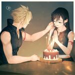  1boy 1girl arm_ribbon bare_shoulders birthday birthday_cake black_hair black_vest blonde_hair breasts cake closed_eyes closed_mouth cloud_strife commentary couple crop_top earrings final_fantasy final_fantasy_vii final_fantasy_vii_advent_children food hair_behind_ear hands_up happy_birthday heart high_collar highres jewelry light_blush long_hair maiii_(smaii_i) medium_breasts midriff_peek own_hands_together red_ribbon ribbon single_earring sitting smile spiky_hair spoken_heart symbol-only_commentary table tank_top teardrop_earring tifa_lockhart twitter_username upper_body vest white_tank_top 