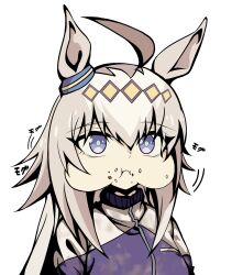  132109chisato 1girl absurdres ahoge animal_ears blue_eyes commentary_request ear_ornament glutton grey_hair hair_between_eyes hair_ornament hairband highres horse_ears horse_girl kasamatsu_tracen_school_uniform kasamatsu_tracen_training_uniform long_hair long_sleeves multicolored_hair oguri_cap_(umamusume) school_uniform solo umamusume umamusume:_cinderella_gray 