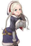  1girl absurdres ahoge alternate_costume bag blue_eyes braid breasts capelet commission commissioner_upload fire_emblem fire_emblem_fates gloves haru_(nakajou-28) highres holding holding_bag hood hood_up hooded_capelet leaning_forward leather_belt long_hair looking_at_viewer low_twin_braids medium_breasts nina_(fire_emblem) non-web_source open_mouth parted_bangs skeb_commission teeth turtleneck twin_braids upper_body upper_teeth_only white_background white_hair 