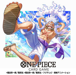  1boy alternate_form arms_behind_head closed_eyes commentary_request gear_fifth hagoromo hat laughing male_focus monkey_d._luffy official_art one_piece one_piece_card_game otton purple_sash sandals sash scar scar_on_chest shawl short_hair shorts solo sparkle straw_hat topless_male white_hair white_shorts 