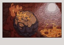  absurdres cave cave_interior evolutionary_line fire highres lava magcargo no_humans onamuzi_illust open_mouth pokemon pokemon_(creature) pokemon_focus rock slugma 