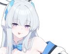  1girl :p alternate_costume aqua_bow bare_shoulders blue_archive blunt_bangs bow bowtie detached_collar grey_hair halo long_hair looking_at_viewer meme noa_(blue_archive) off_shoulder raised_eyebrow reia_76 tongue tongue_out traditional_bowtie twitter_rabbit_ears_(meme) violet_eyes 