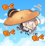  1girl :t a.i._voice absurdres black_headwear black_skirt blue_sky braid breasts brown_eyes cabbie_hat chibi clenched_hand closed_mouth clouds commentary_request day eating food food_on_face food_request grey_hair hair_between_eyes hat hat_removed headwear_removed highres kizuna_akari kizuna_akari_(a.i._voice) large_breasts long_hair long_sleeves low_twintails milkpanda outdoors pointing puffy_long_sleeves puffy_sleeves shirt skirt sky sleeves_past_wrists solid_oval_eyes solo sweat translation_request twin_braids twintails very_long_hair voiceroid wavy_mouth white_shirt 