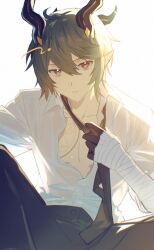  1boy bandaged_arm bandages black_horns black_pants chest_tattoo commentary green_eyes highres honkai_(series) honkai_impact_3rd horns kosma looking_at_viewer male_focus orange_eyes pants partially_open_shirt pointy_ears shinchora shirt short_hair simple_background solo tattoo white_background white_shirt 
