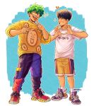  2boys alternate_costume animal_print black_hair blue_background boku_no_hero_academia clothes_writing commentary crossover double_v english_commentary full_body green_eyes green_hair habkart heart heart_hands highres kageyama_shigeo looking_at_another looking_at_viewer male_focus midoriya_izuku mob_psycho_100 multiple_boys open_mouth pants print_shirt red_footwear shirt shoes short_hair short_sleeves shorts simple_background smile sneakers socks sparkle standing t-shirt v white_shirt white_socks yellow_shirt 