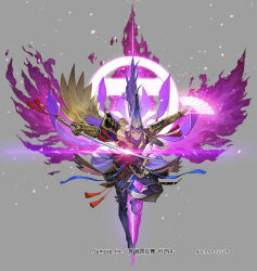  1boy armor artist_name aura boots closed_mouth company_name copyright_name copyright_notice dual_wielding energy feather_trim floating_hair folding_fan full_body gauntlets glowing glowing_sword glowing_weapon grey_background hair_between_eyes hand_fan hat holding holding_fan holding_sword holding_weapon imagawa_yoshimoto_(sengoku_enbu) japanese_armor japanese_clothes katana kusazuri leg_up long_hair looking_at_viewer male_focus official_art outstretched_arms pants paper_fan pauldrons purple_hair sash scabbard sengoku_enbu_-kizna- sheath shoulder_armor simple_background single_pauldron smile sode solo spread_arms standing standing_on_one_leg stole sword takayama_toshiaki tassel tate_eboshi thigh-highs thigh_boots v-shaped_eyebrows vambraces violet_eyes waist_cape watermark weapon wide_sleeves wings 