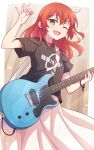  1girl ;d arm_up black_shirt bocchi_the_rock! e20 electric_guitar green_eyes guitar hair_between_eyes highres holding holding_instrument instrument kita_ikuyo long_hair looking_at_viewer one_eye_closed one_side_up pleated_skirt plectrum redhead shirt short_sleeves skirt smile solo white_skirt 