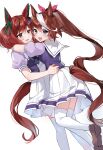  2girls absurdres akitsuki_(oenothera) animal_ears blue_eyes brown_eyes brown_hair hair_ribbon highres horse_ears horse_girl horse_tail hug long_hair looking_at_another looking_at_viewer medium_hair multicolored_hair multiple_girls nice_nature_(umamusume) open_mouth pleated_skirt ribbon shirt shoes simple_background skirt smile tail thigh-highs tokai_teio_(umamusume) umamusume very_long_hair white_background white_hair white_thighhighs 