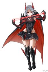  1girl armored_boots armored_leotard black_gloves black_leotard black_skirt boots covered_navel drake_(nikke) full_body gloves goddess_of_victory:_nikke highleg highleg_leotard highres leotard leotard_under_clothes ong_doi parted_bangs red_eyes short_hair sidelocks skirt solo thighs white_background white_hair 