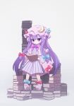  1girl absurdres blue_bow blush book book_stack bow footwear_bow hair_bow highres holding holding_book moon_(ornament) mr.turtle_head patchouli_knowledge purple_bow purple_hair purple_headwear reading red_bow sitting solo touhou white_background 