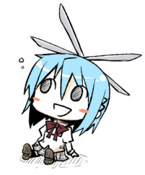  1girl blue_hair blush bow long_sleeves looking_up lowres mahou_shoujo_madoka_magica miki_sayaka open_mouth pikachi propeller puffy_sleeves red_bow ribbon shirt simple_background skirt smile solo white_background 