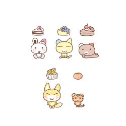  :3 animal animal_focus bear bear_(summernight_12) cake cake_slice cat cat_(summernight_12) cheesecake chibi chibi_only cupcake food fox fox_(summernight_12) fruit heisei_retro highres lemon lying no_humans orange_(fruit) original pastel_colors rabbit rabbit_(summernight_12) simple_background sitting summernight_12 tiger_(summernight_12) white_background wide_shot 