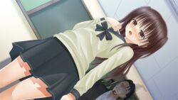  1boy 1girl blush brown_eyes brown_hair ceiling chalkboard classroom cowboy_shot day dutch_angle embarrassed faceless faceless_male game_asset green_necktie green_shirt green_skirt hand_on_own_chest hiba_airi indoors long_hair miniskirt necktie non-web_source official_art open_mouth pleated_skirt roshutsu-kei_mahou_shoujo school_uniform self-datamine shirt shitou_(4h) skirt standing tile_ceiling tiles two_side_up variant_set visual_novel_cg 