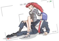  1boy 1girl blue_hair earrings hair_slicked_back highres james_(pokemon) jessie_(pokemon) jewelry looking_at_another pokemon pokemon_(anime) pokemon_(classic_anime) red_hair team_rocket white_background yiban_tongguo_xiaohuo 
