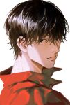  1boy absurdres bishounen black_eyes black_hair chainsaw_man collared_jacket expressionless fangs hair_between_eyes highres jacket looking_at_viewer male_focus mole mole_under_mouth ndsoda portrait red_jacket short_hair solo white_background yoshida_hirofumi 